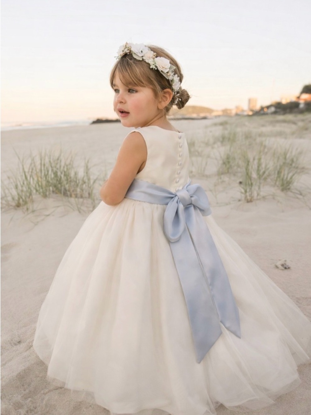 Something Blue Ivory Tea Length Flower Girl Dress Blue Sash Size 4T Wedding
